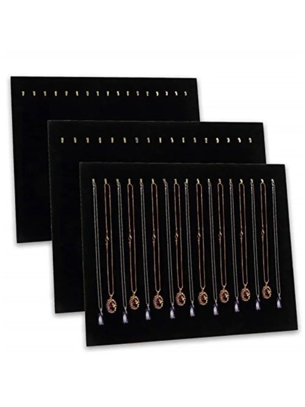 3 Pack Black Velvet Jewelry Display with 17 Hooks Necklace Tray Organizer Pad